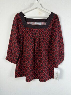 Harvé Benard Women Red Black Geometric Circle Print Square Neck Blouse Large New